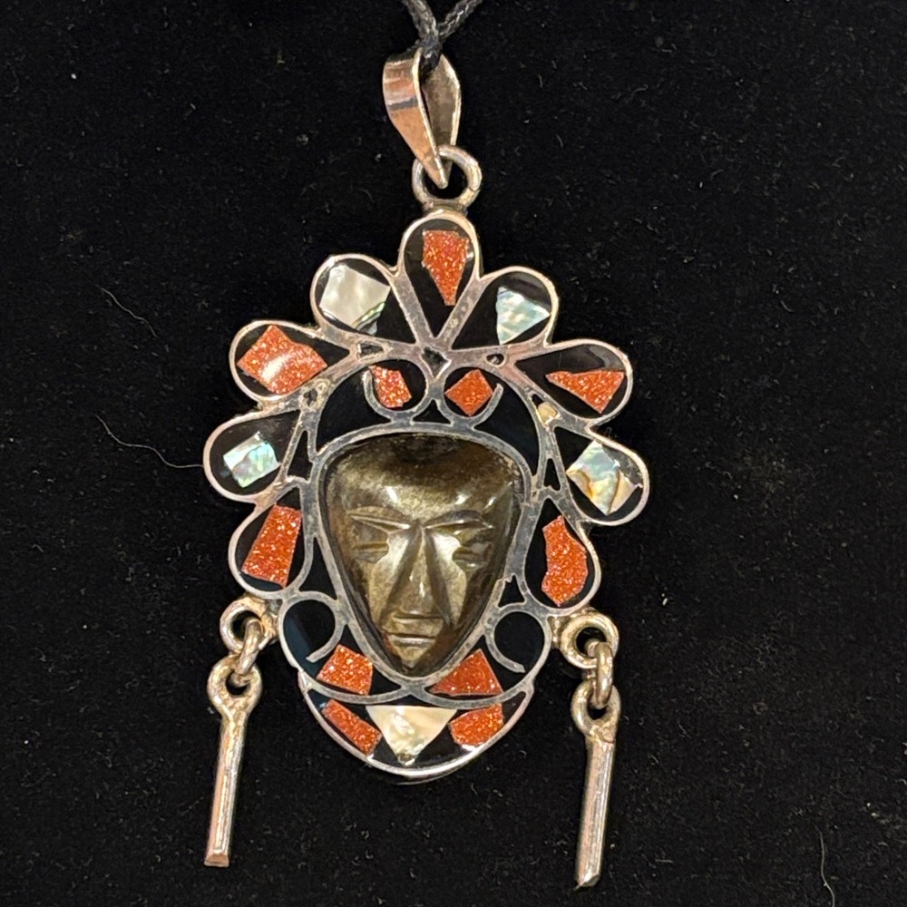 Vintage Mask Pendant Obsidian, gold stone and shell. 925 sterling silver.